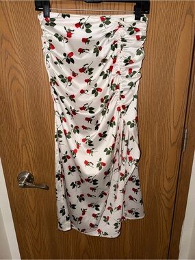 For Love & Lemons White Maxi Skirt with Red Rose Print Size Medium